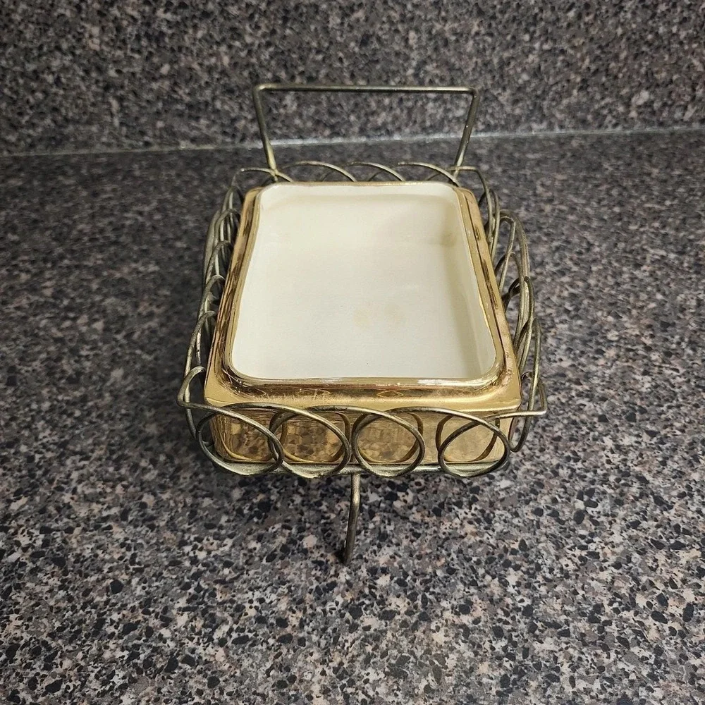 Vintage MCM Atlas Satin Gold Wagon Cart Candy Dish Nut Server Ashtray Caddy Gold